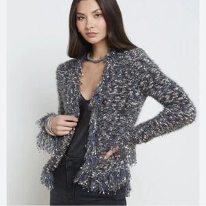 L'Agence Azure Grey Tweed Fuzzy Cardigan NWOT